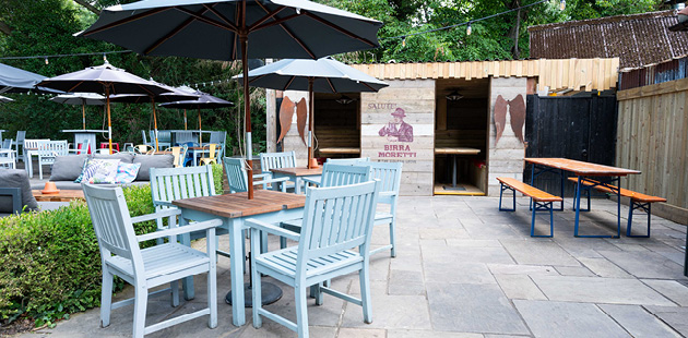Surrey pub garden with tables and chairs